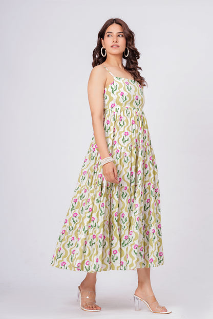 Green Floral Printed Cotton Maxi Dress for Women – Elegant Summer Midi Dress
