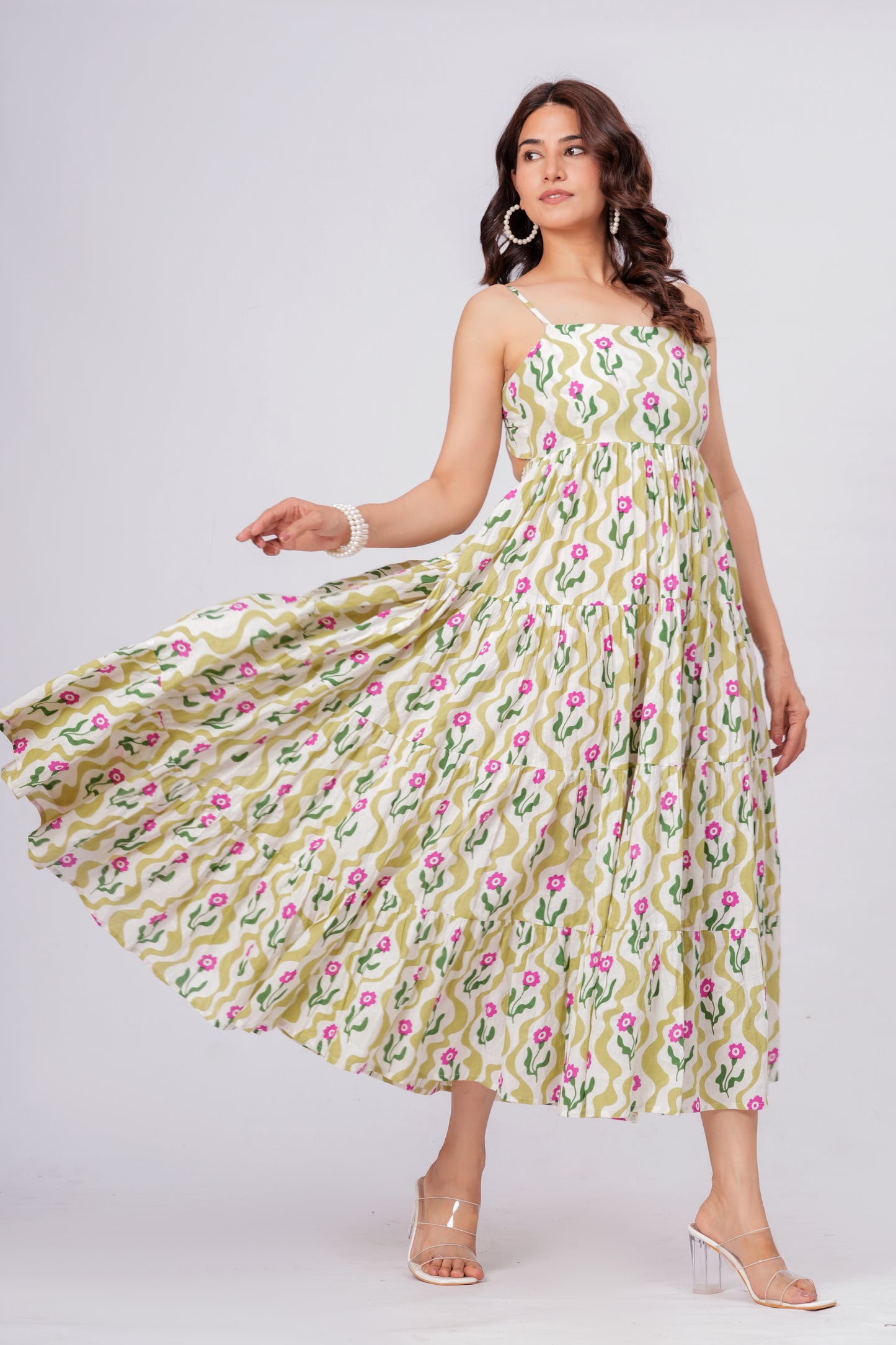 Green Floral Printed Cotton Maxi Dress for Women – Elegant Summer Midi Dress