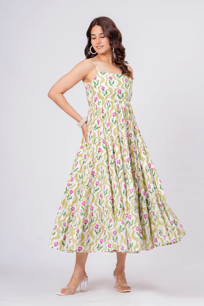 Green Floral Printed Cotton Maxi Dress for Women – Elegant Summer Midi Dress