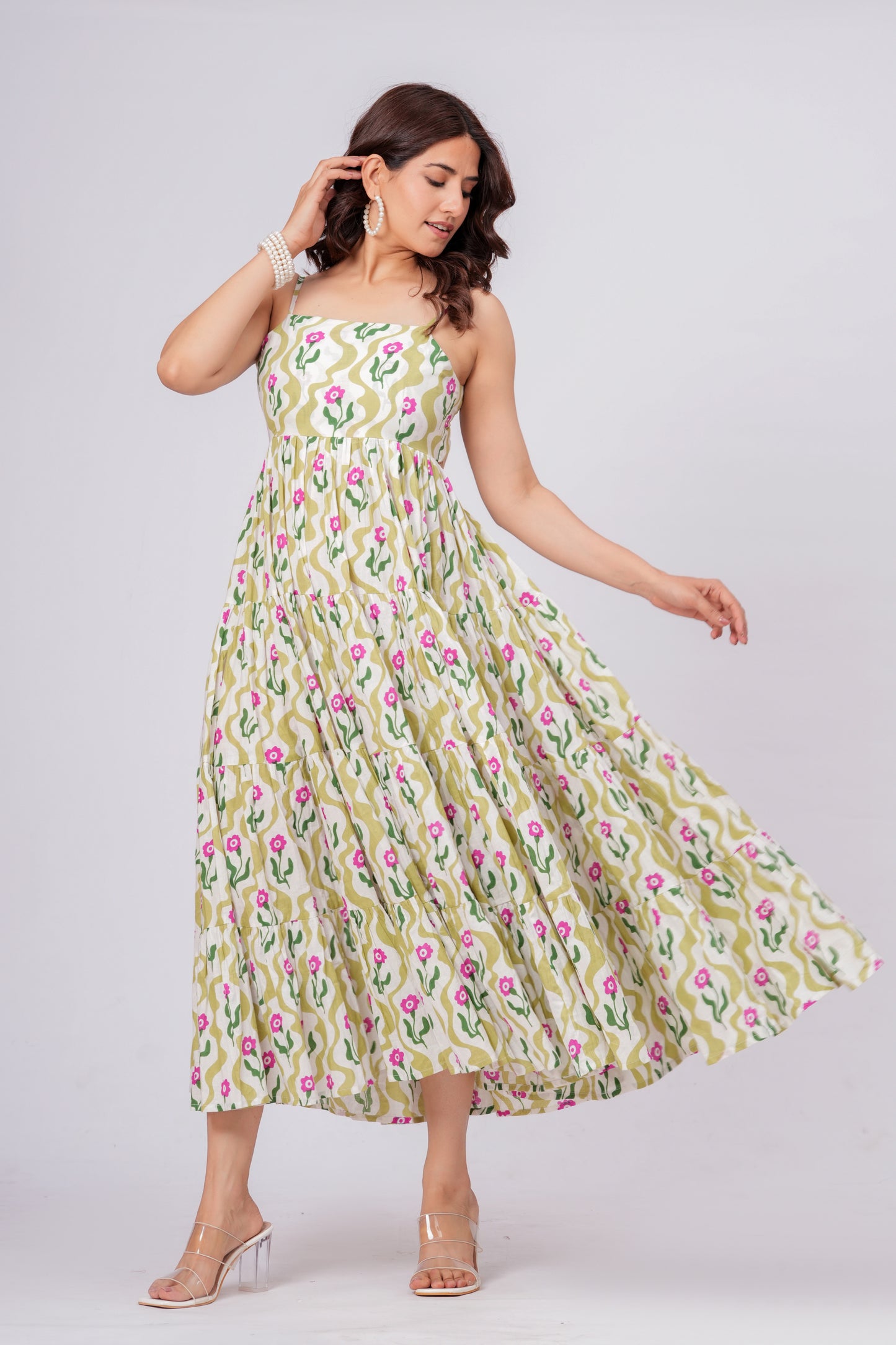 Green Floral Printed Cotton Maxi Dress for Women – Elegant Summer Midi Dress