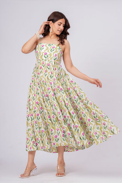 Green Floral Printed Cotton Maxi Dress for Women – Elegant Summer Midi Dress