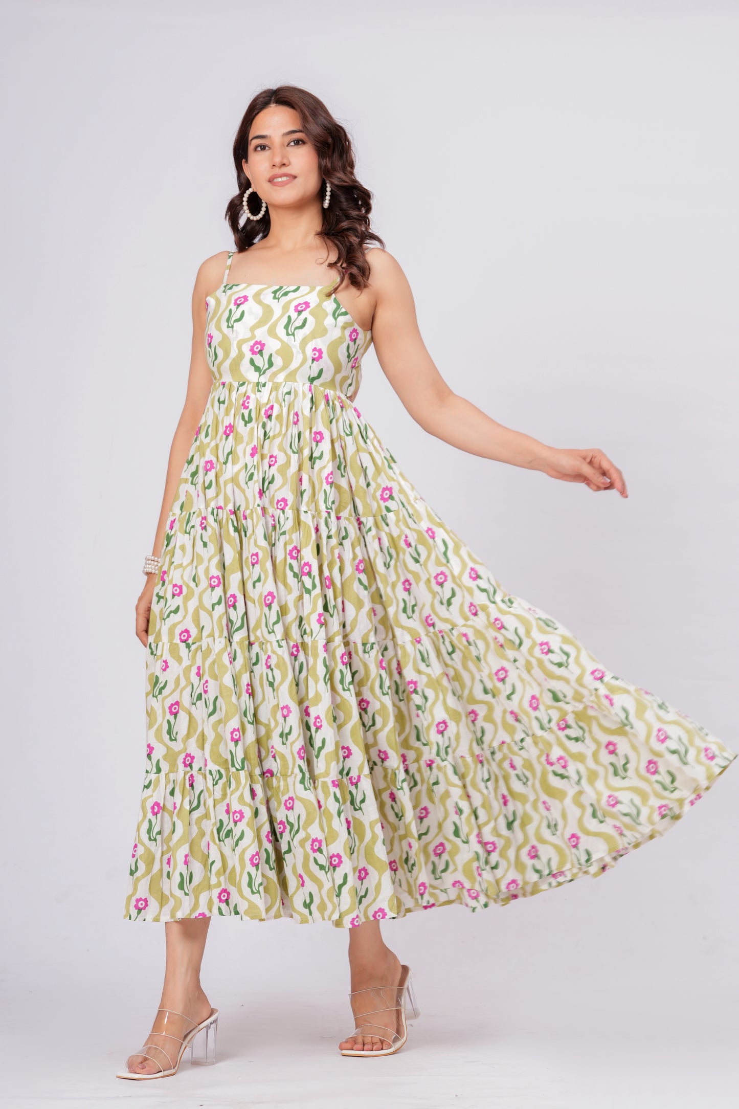 Green Floral Printed Cotton Maxi Dress for Women – Elegant Summer Midi Dress