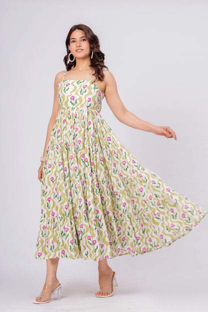 Green Floral Printed Cotton Maxi Dress for Women – Elegant Summer Midi Dress