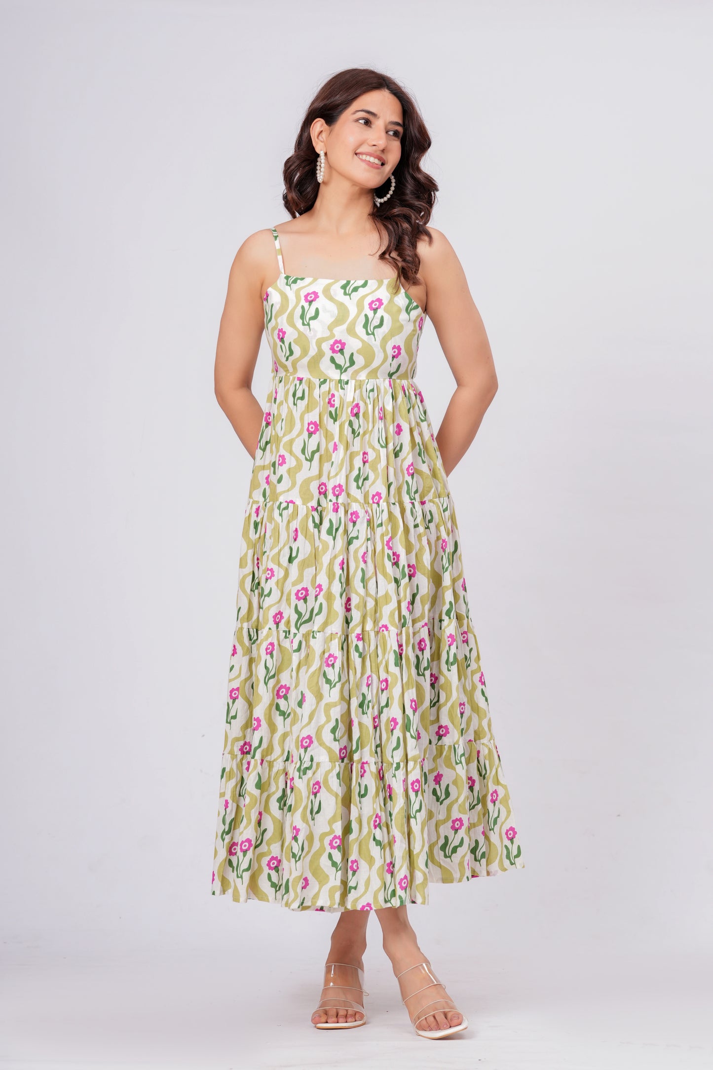 Green Floral Printed Cotton Maxi Dress for Women – Elegant Summer Midi Dress