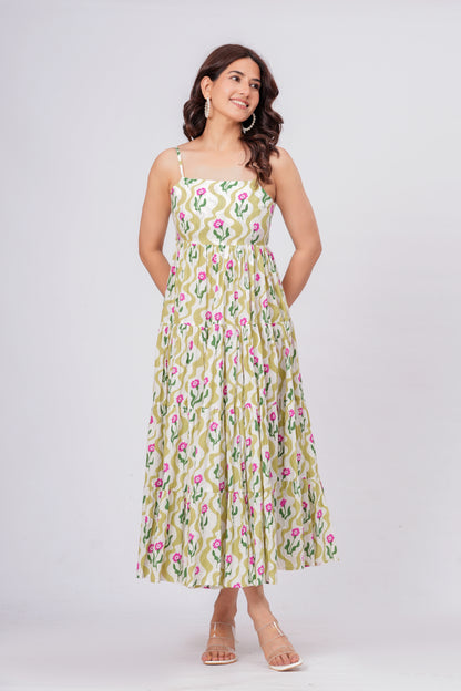 Green Floral Printed Cotton Maxi Dress for Women – Elegant Summer Midi Dress