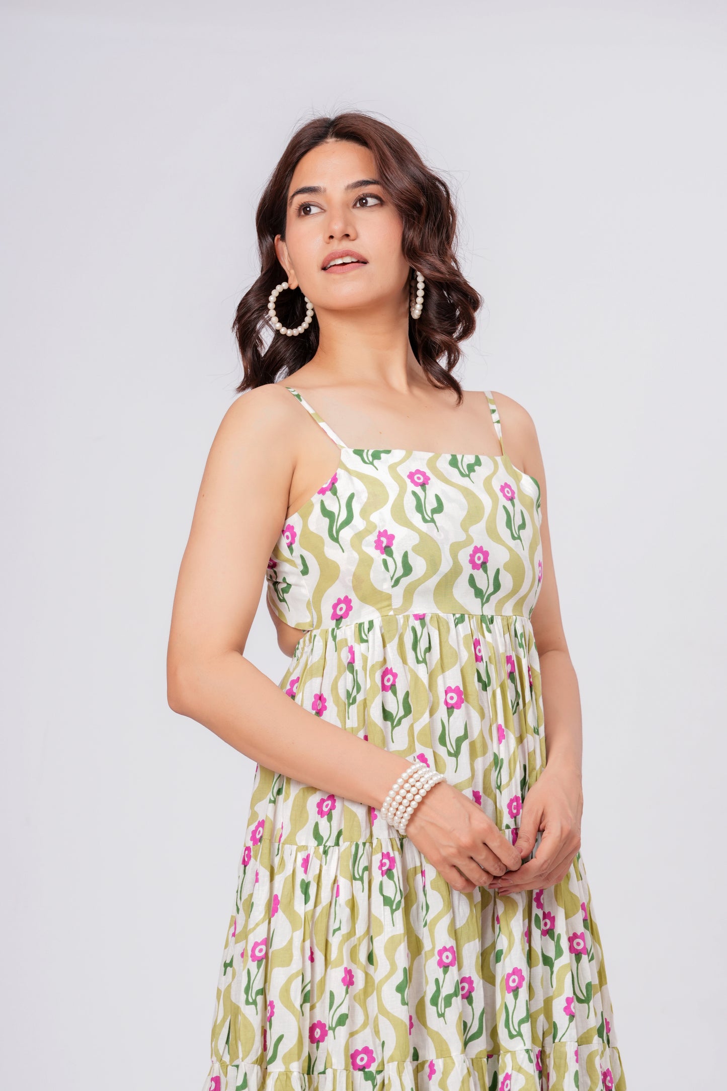Green Floral Printed Cotton Maxi Dress for Women – Elegant Summer Midi Dress
