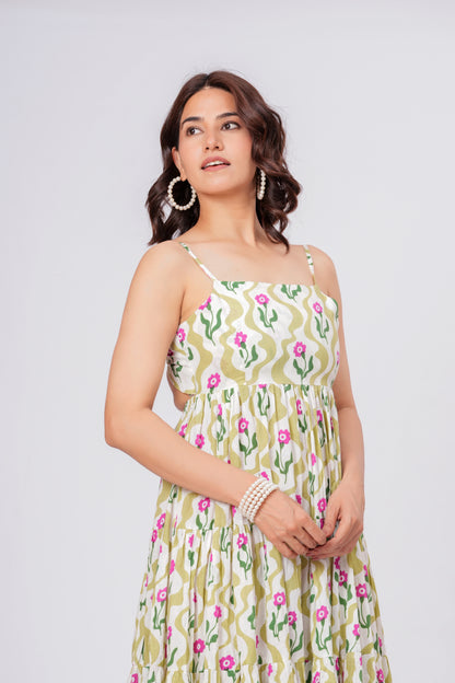 Green Floral Printed Cotton Maxi Dress for Women – Elegant Summer Midi Dress