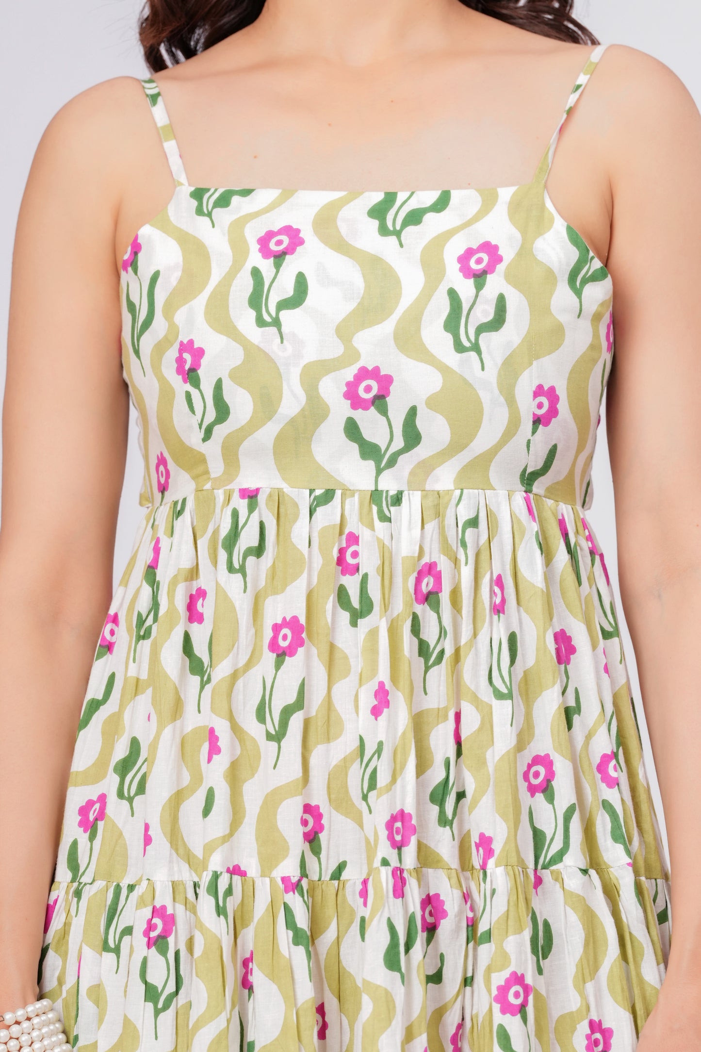 Green Floral Printed Cotton Maxi Dress for Women – Elegant Summer Midi Dress