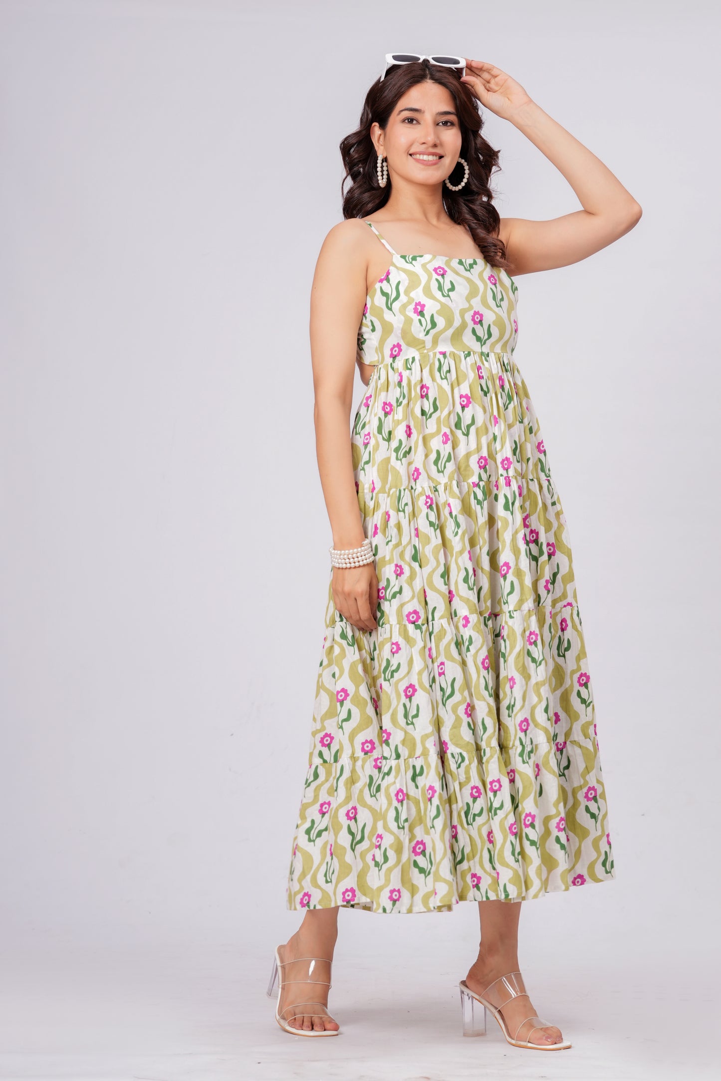 Green Floral Printed Cotton Maxi Dress for Women – Elegant Summer Midi Dress