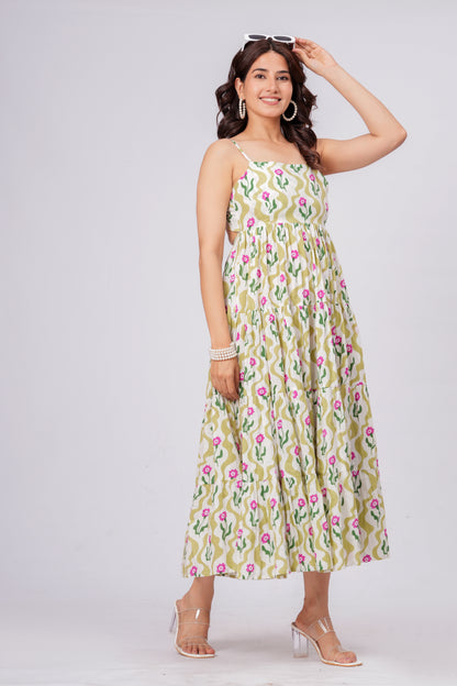 Green Floral Printed Cotton Maxi Dress for Women – Elegant Summer Midi Dress