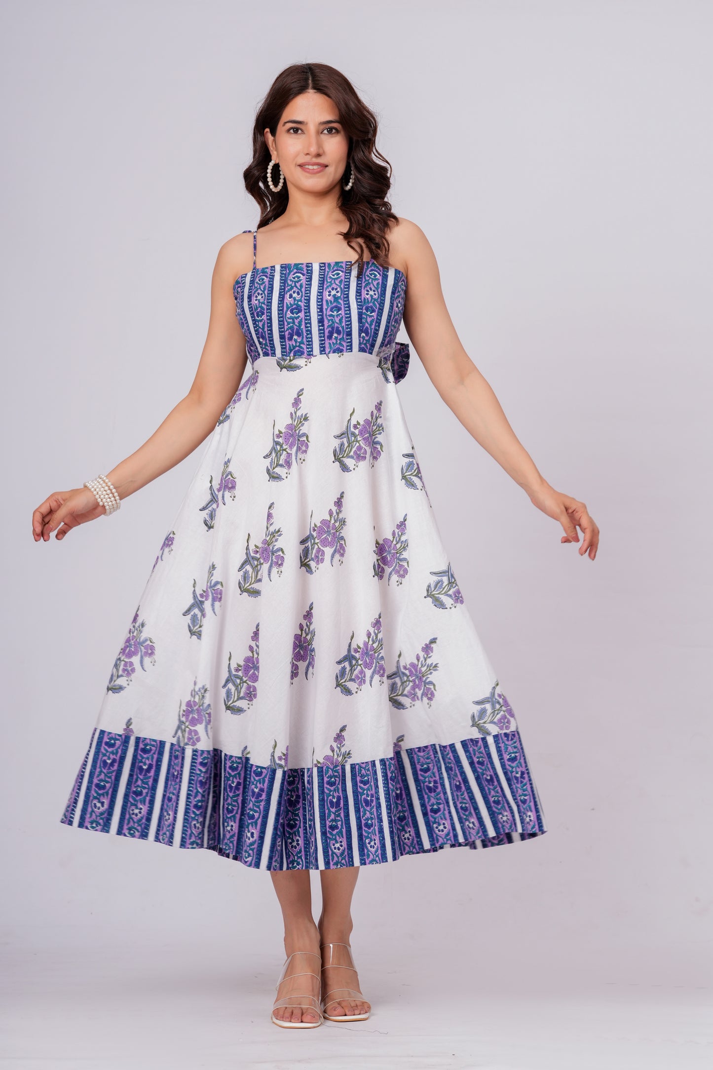Women’s Floral Printed Midi Dress – Sleeveless Cotton Summer Dress with Blue Pattern