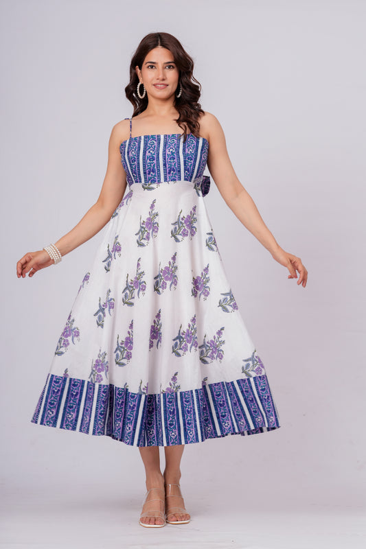 Women’s Floral Printed Midi Dress – Sleeveless Cotton Summer Dress with Blue Pattern