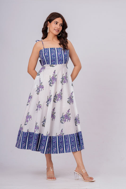 Women’s Floral Printed Midi Dress – Sleeveless Cotton Summer Dress with Blue Pattern