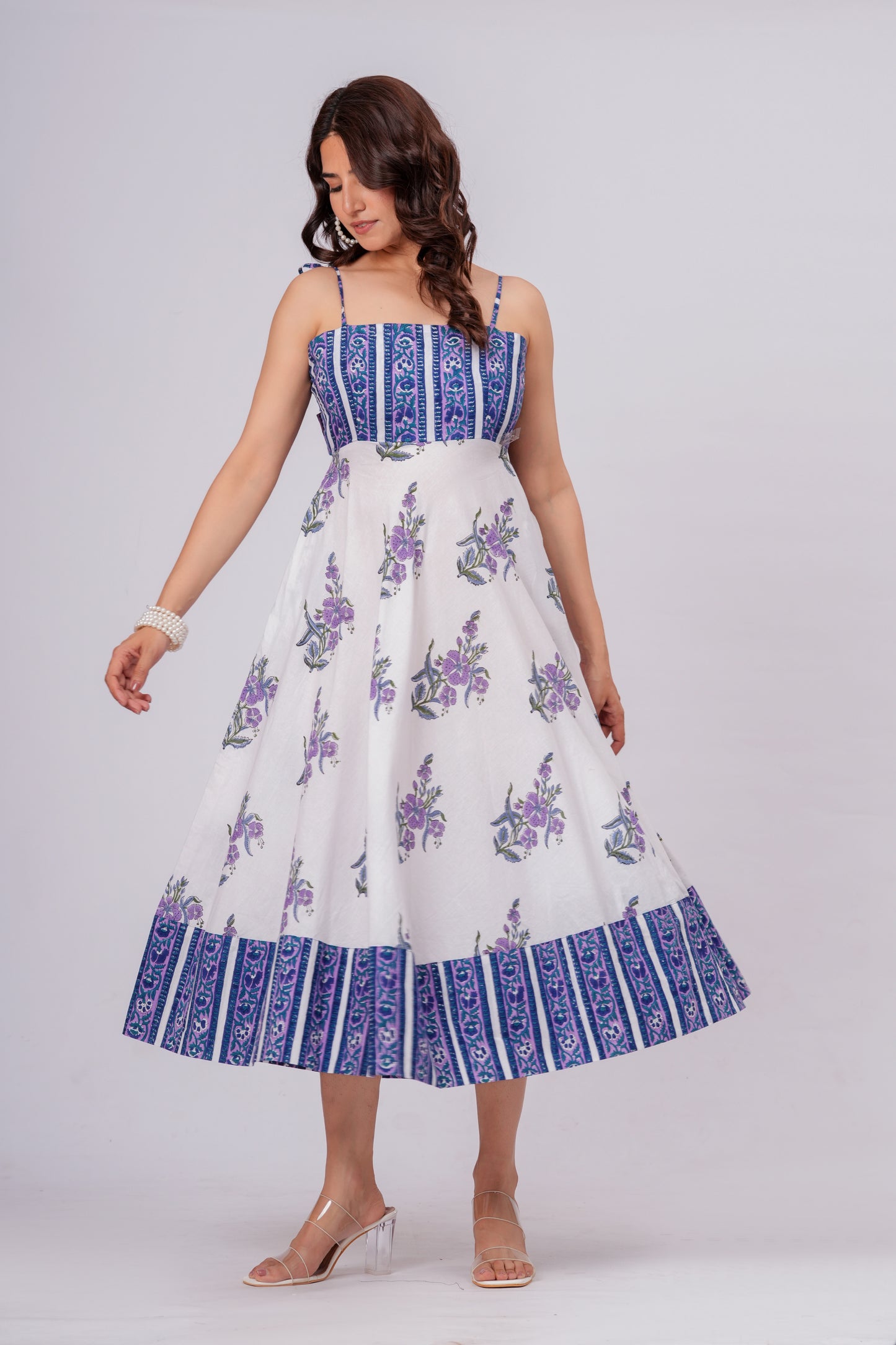 Women’s Floral Printed Midi Dress – Sleeveless Cotton Summer Dress with Blue Pattern
