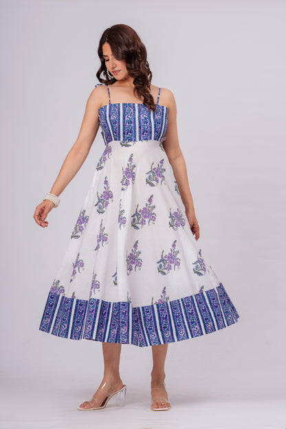 Women’s Floral Printed Midi Dress – Sleeveless Cotton Summer Dress with Blue Pattern