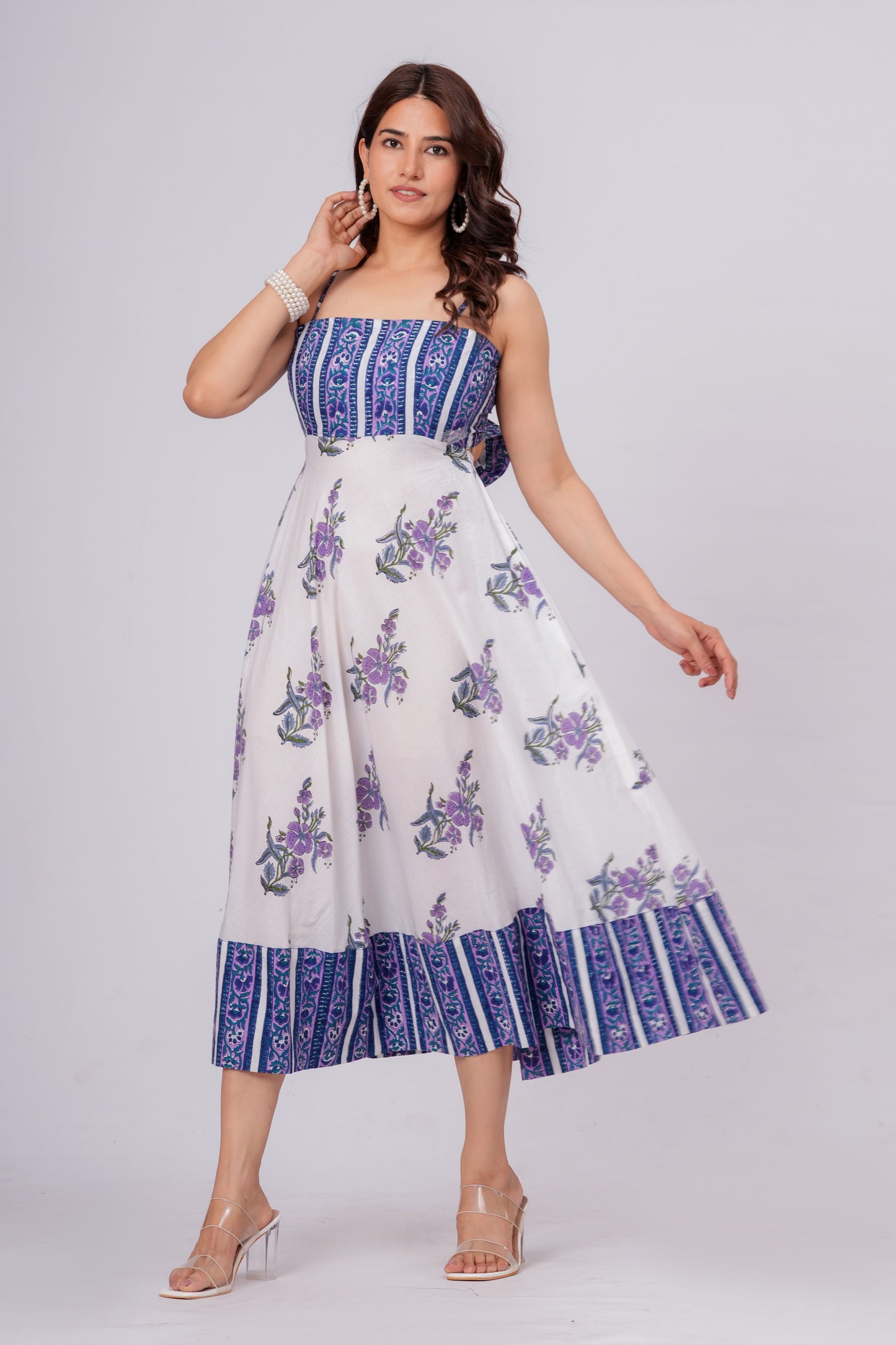 Women’s Floral Printed Midi Dress – Sleeveless Cotton Summer Dress with Blue Pattern