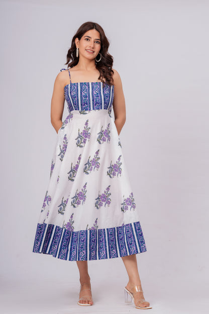 Women’s Floral Printed Midi Dress – Sleeveless Cotton Summer Dress with Blue Pattern