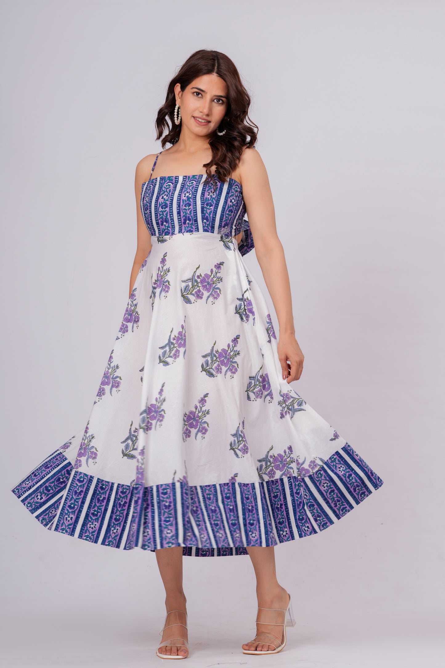 Women’s Floral Printed Midi Dress – Sleeveless Cotton Summer Dress with Blue Pattern