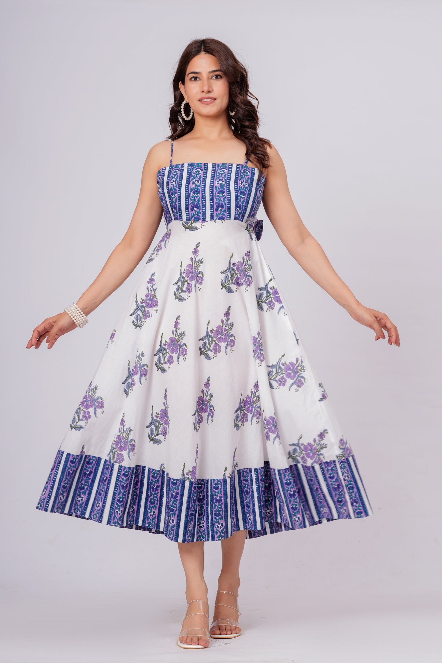 Women’s Floral Printed Midi Dress – Sleeveless Cotton Summer Dress with Blue Pattern