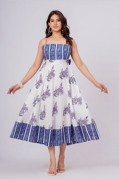 Women’s Floral Printed Midi Dress – Sleeveless Cotton Summer Dress with Blue Pattern