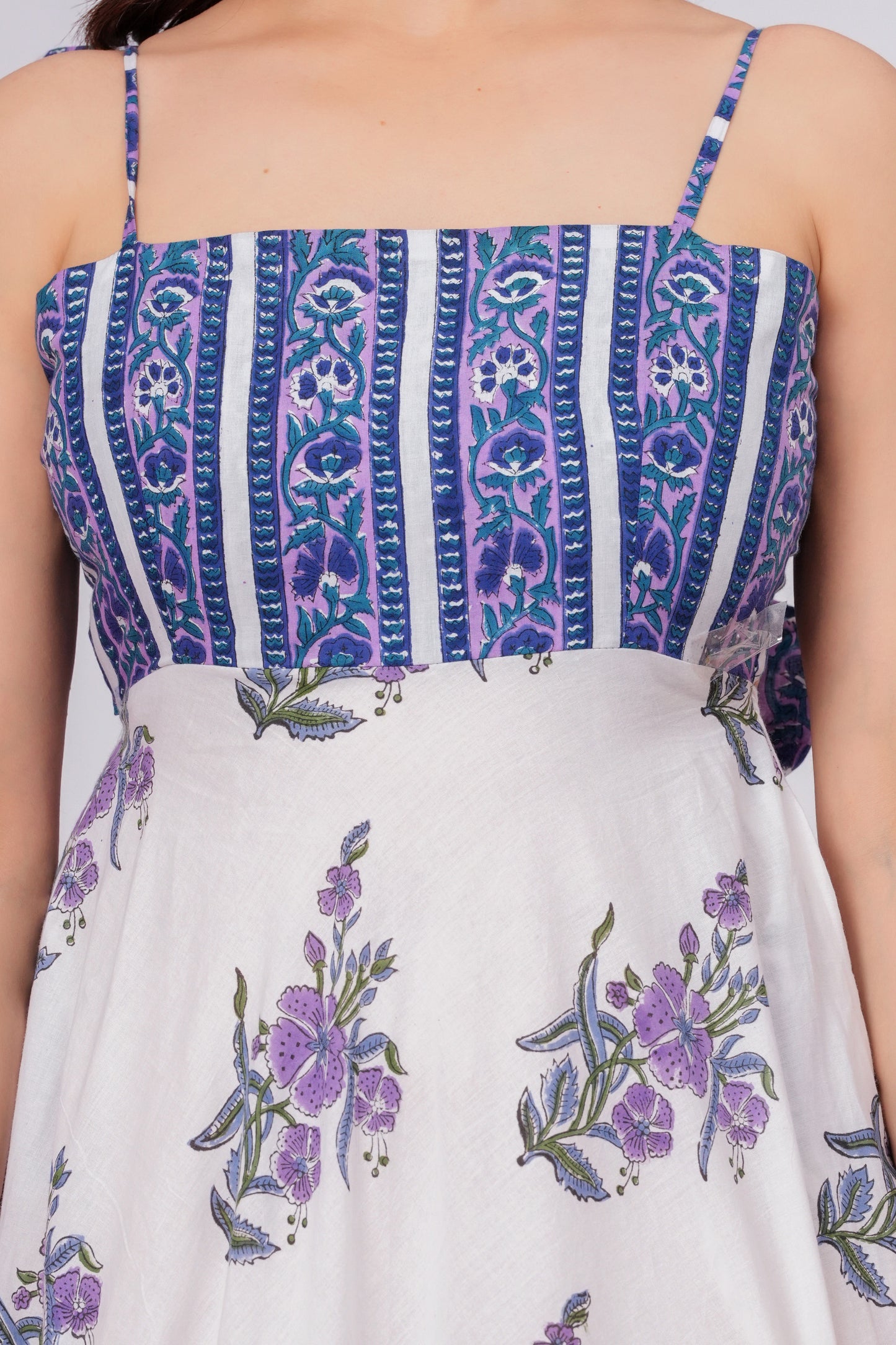 Women’s Floral Printed Midi Dress – Sleeveless Cotton Summer Dress with Blue Pattern
