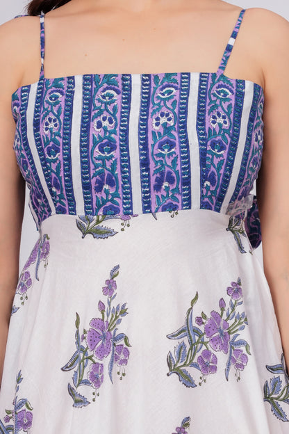 Women’s Floral Printed Midi Dress – Sleeveless Cotton Summer Dress with Blue Pattern