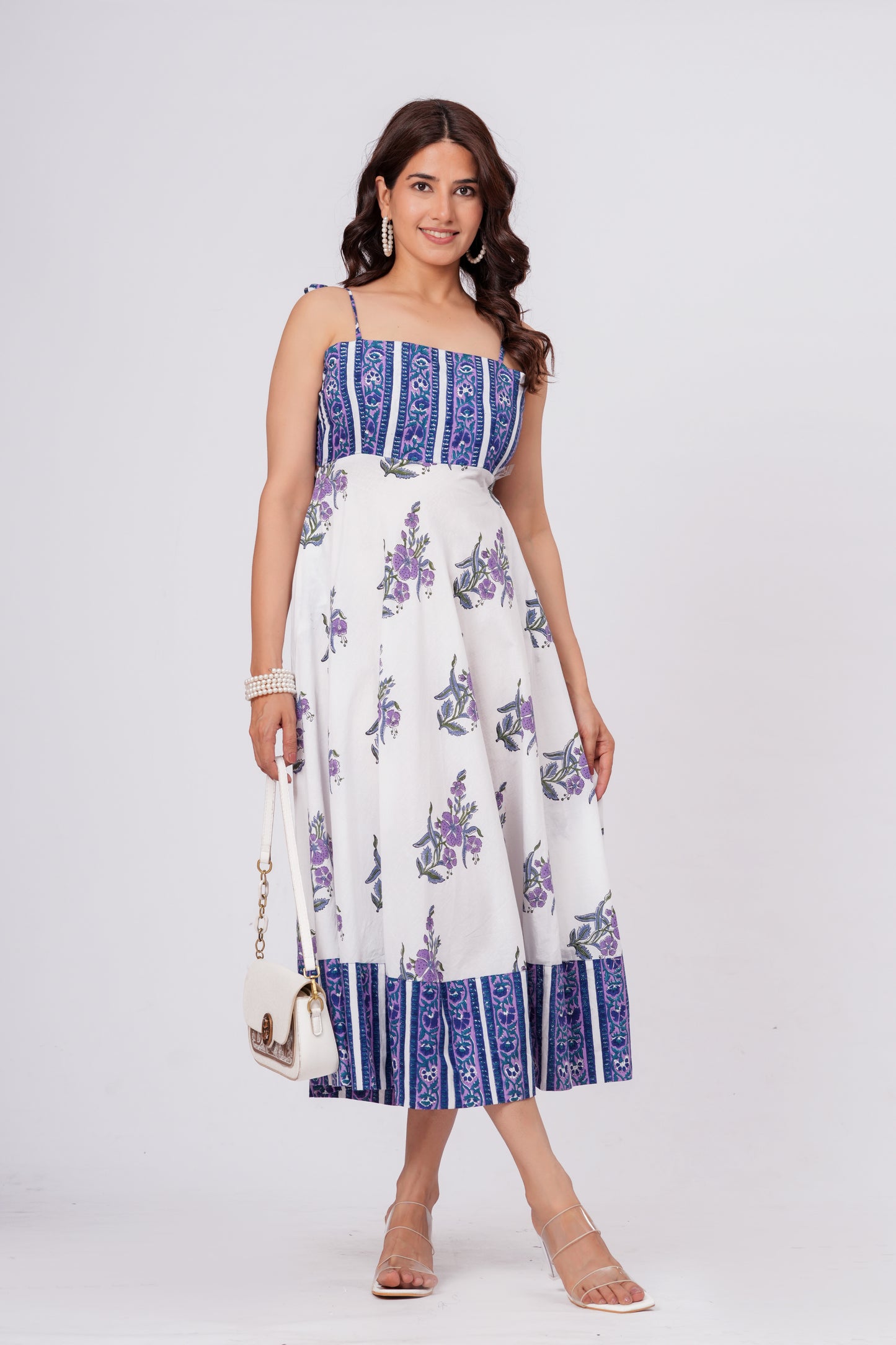 Women’s Floral Printed Midi Dress – Sleeveless Cotton Summer Dress with Blue Pattern