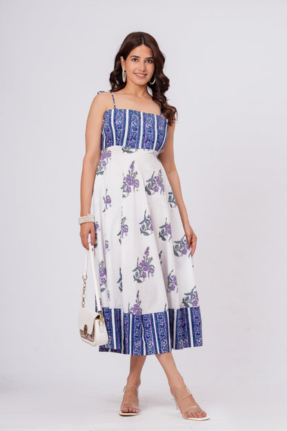 Women’s Floral Printed Midi Dress – Sleeveless Cotton Summer Dress with Blue Pattern