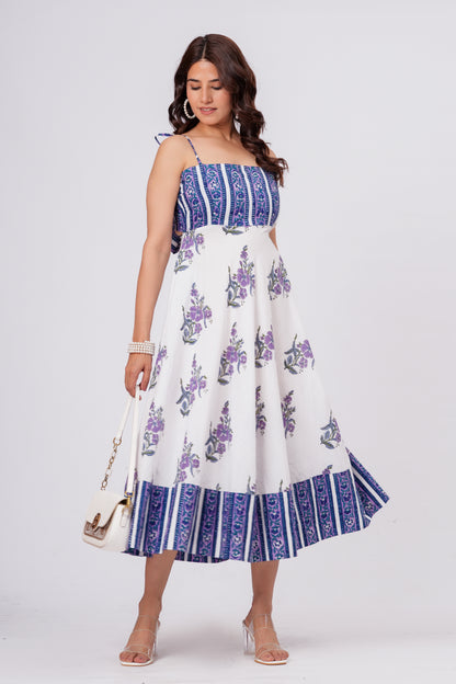 Women’s Floral Printed Midi Dress – Sleeveless Cotton Summer Dress with Blue Pattern
