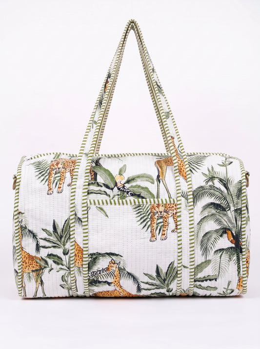 White Jungle Muse Quilted Cotton Duffle Bag – Lightweight Travel Weekender
