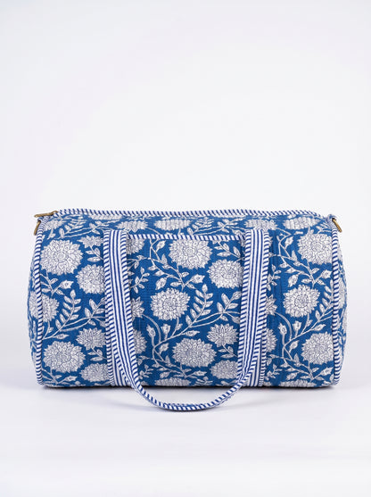 Blue Floral-2 Print Quilted Cotton Duffle Bag – Lightweight Travel Weekender
