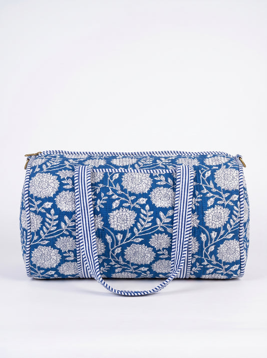 Blue Floral-2 Print Quilted Cotton Duffle Bag – Lightweight Travel Weekender