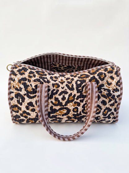 Brown Cheetah print Quilted Cotton Duffle Bag – Lightweight Travel Weekender