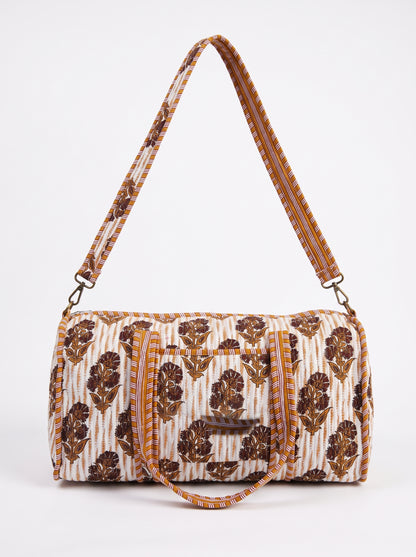 Brown-Orange Floral Print Quilted Cotton Duffle Bag – Lightweight Travel Weekender
