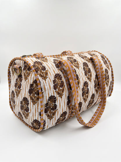 Brown-Orange Floral Print Quilted Cotton Duffle Bag – Lightweight Travel Weekender