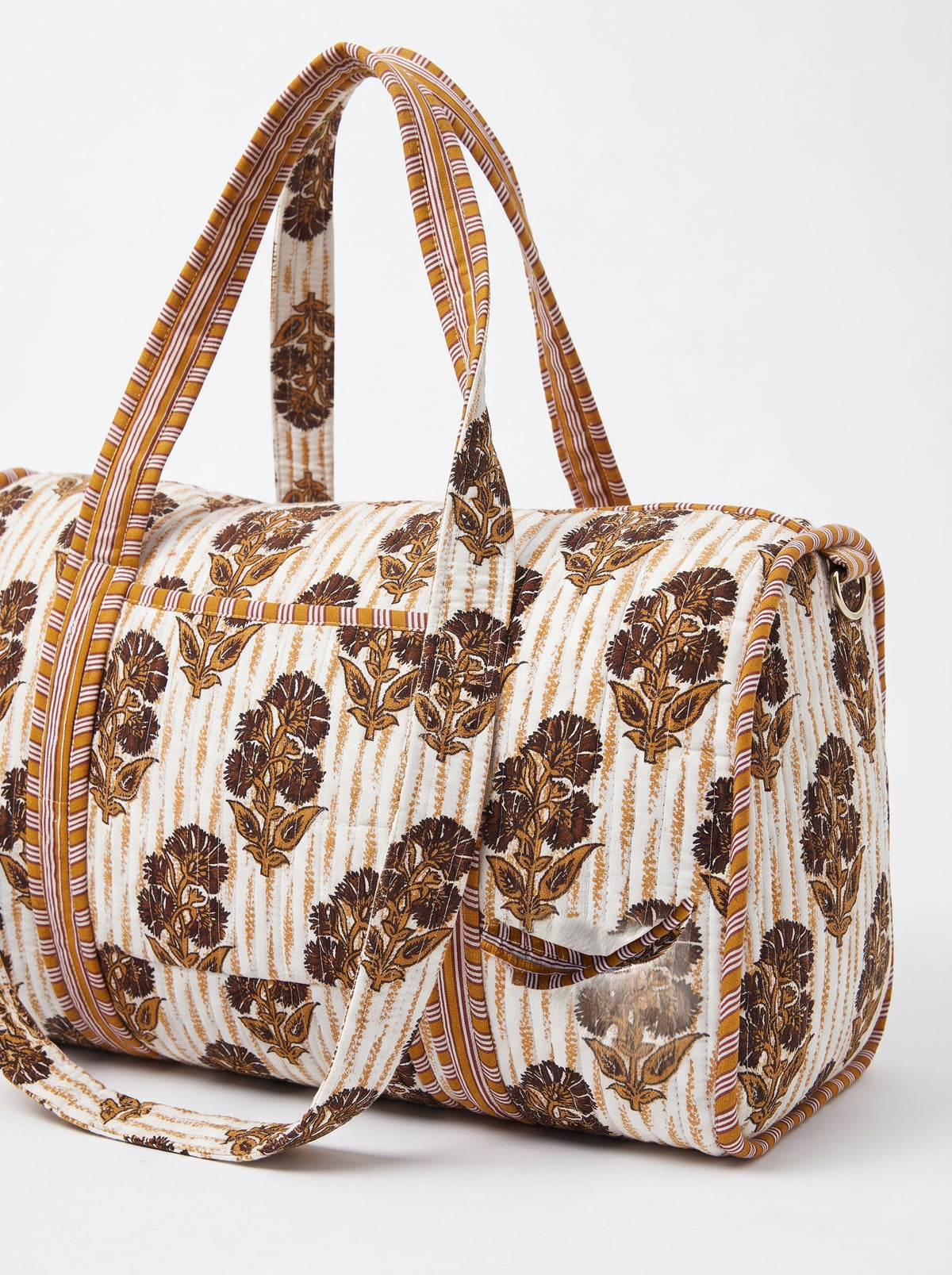 Brown-Orange Floral Print Quilted Cotton Duffle Bag – Lightweight Travel Weekender