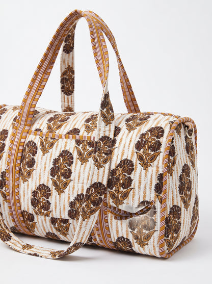 Brown-Orange Floral Print Quilted Cotton Duffle Bag – Lightweight Travel Weekender