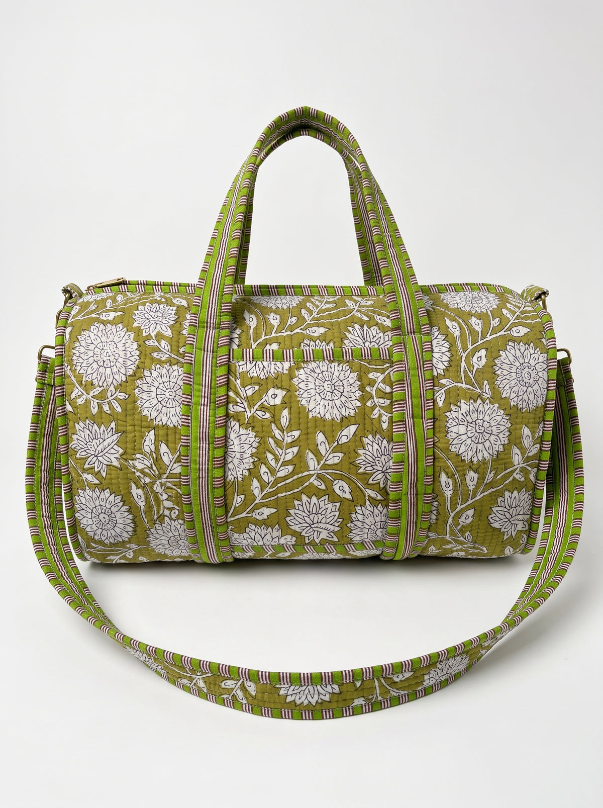 Green Floral Print Quilted Cotton Duffle Bag – Lightweight Travel Weekender