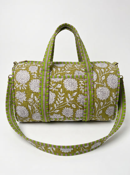 Green Floral Print Quilted Cotton Duffle Bag – Lightweight Travel Weekender