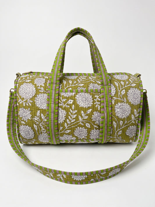 Green Floral Print Quilted Cotton Duffle Bag – Lightweight Travel Weekender