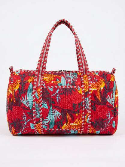 Red Floral Tiger Print Quilted Cotton Duffle Bag – Lightweight Travel Weekender