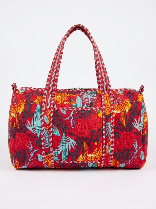 Red Floral Tiger Print Quilted Cotton Duffle Bag – Lightweight Travel Weekender
