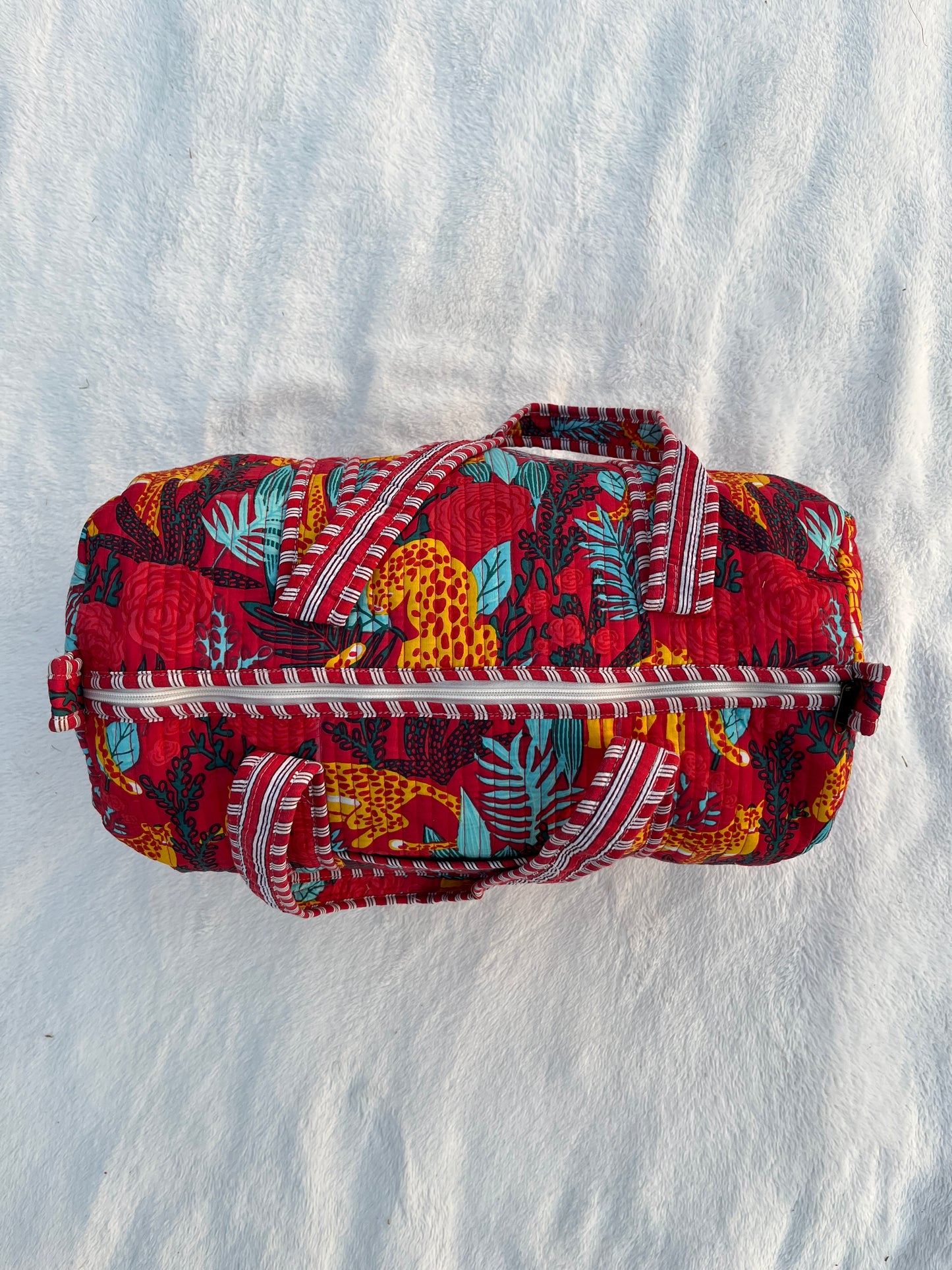Red Floral Tiger Print Quilted Cotton Duffle Bag – Lightweight Travel Weekender