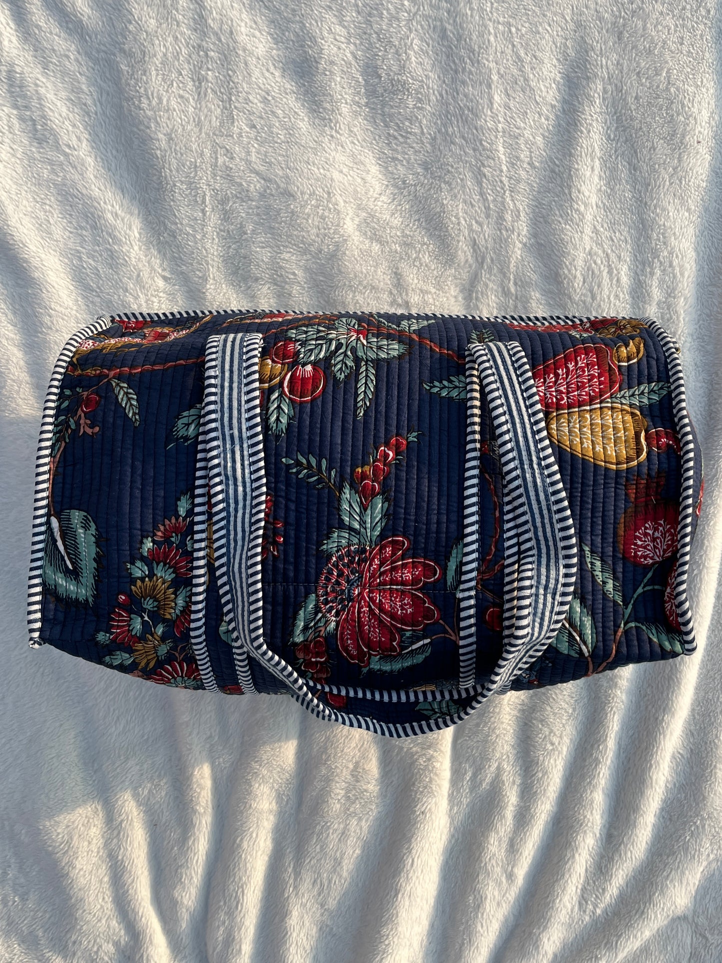 Navy Blue Print Quilted Cotton Duffle Bag – Lightweight Travel Weekender