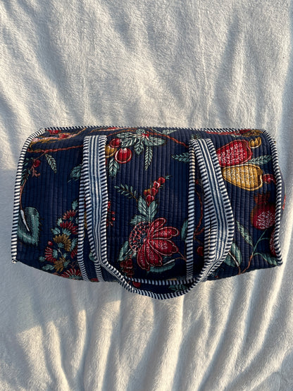 Navy Blue Print Quilted Cotton Duffle Bag – Lightweight Travel Weekender