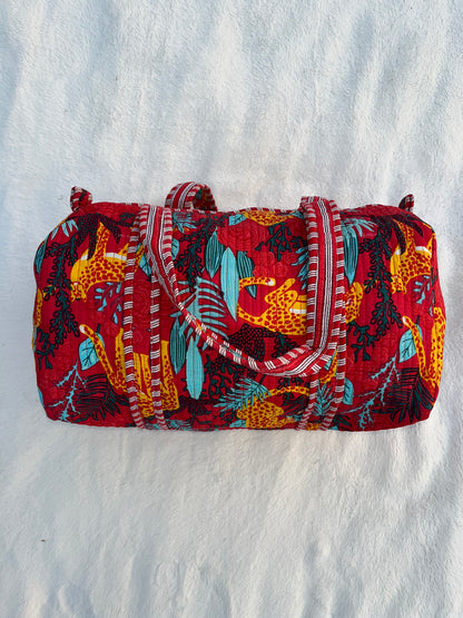 Red Floral Tiger Print Quilted Cotton Duffle Bag – Lightweight Travel Weekender