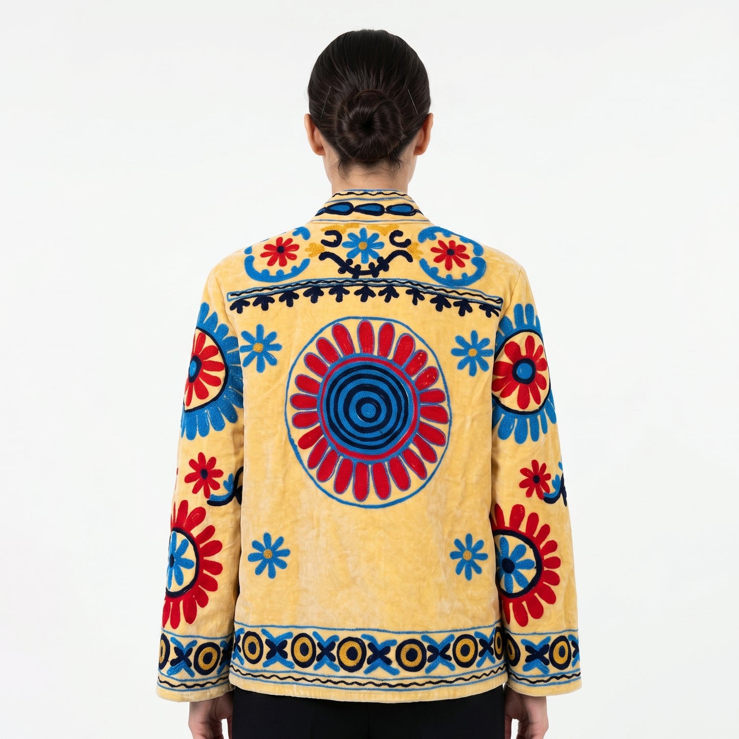 Women's Yellow Suzani Reversible Jacket – Artistic Embroidered Statement Jacket