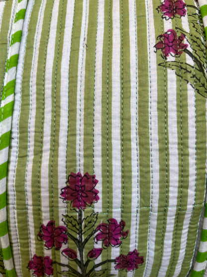 Green flower Quilted Mini Tote Bag 10X12