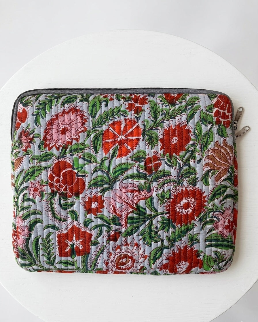 Gray red Floral Quilted iPad Sleeve