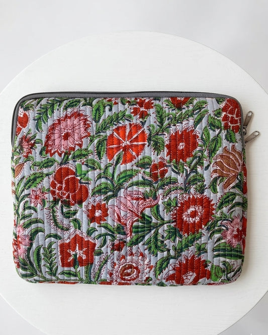 Gray red Floral Quilted iPad Sleeve